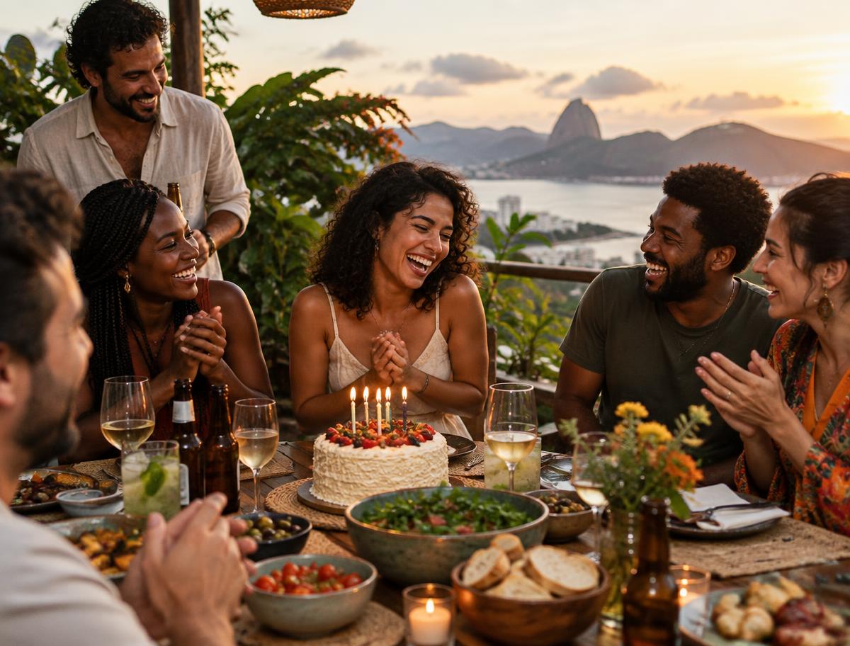Amigos reunidos em uma celebração de aniversário