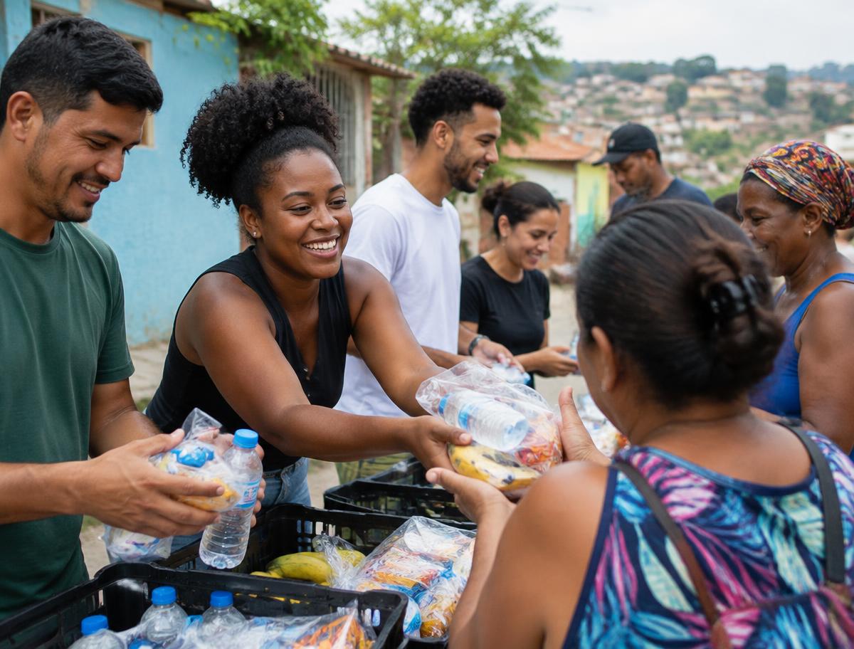 Voluntários distribuindo produtos em uma ação comunitária