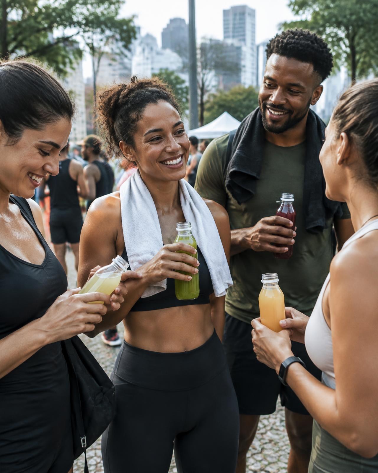 Participantes de um grupo de corrida compartilhando produtos após o encontro