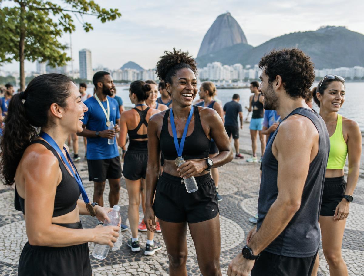 Participantes de um grupo de corrida reunidos após o treino